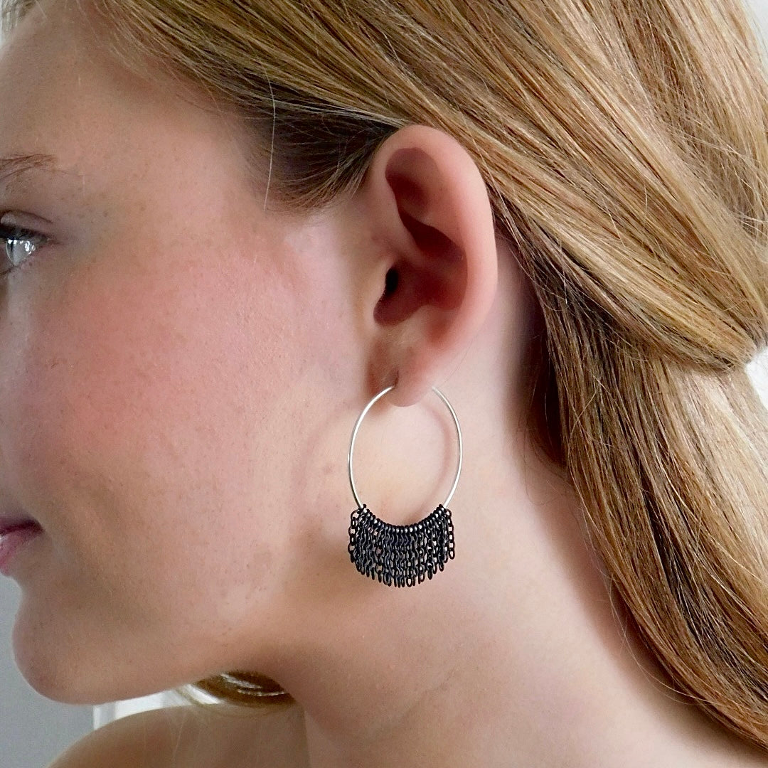 Lieah Hoop Silver Earrings with Oxidized Fringe | Medium