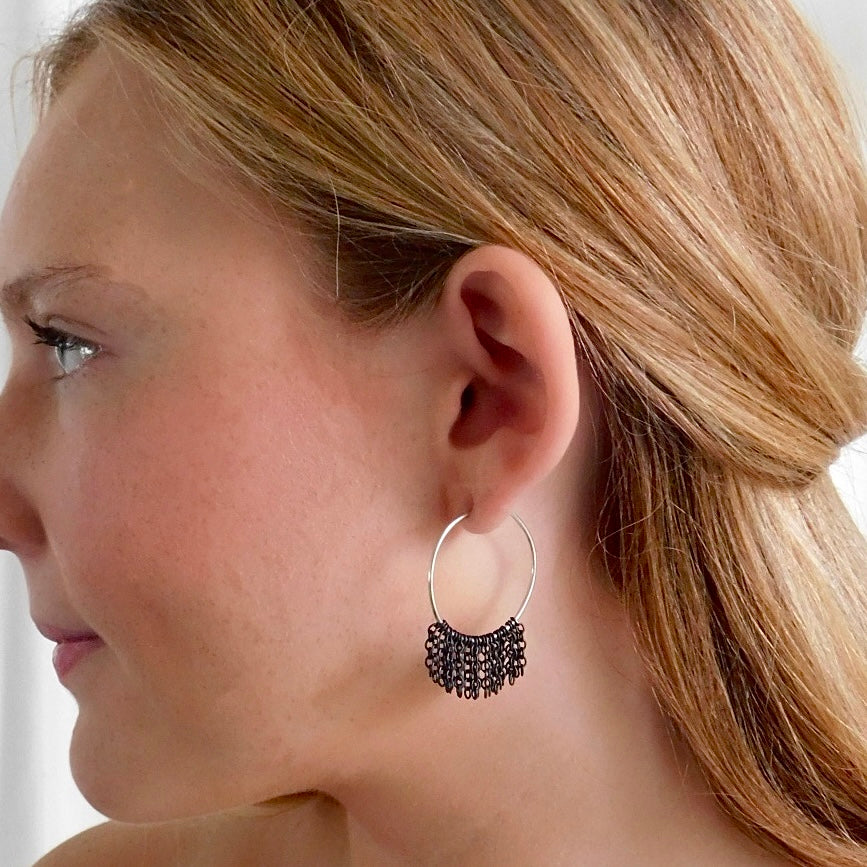 Lieah Hoop Silver Earrings with Oxidized Fringe | Small