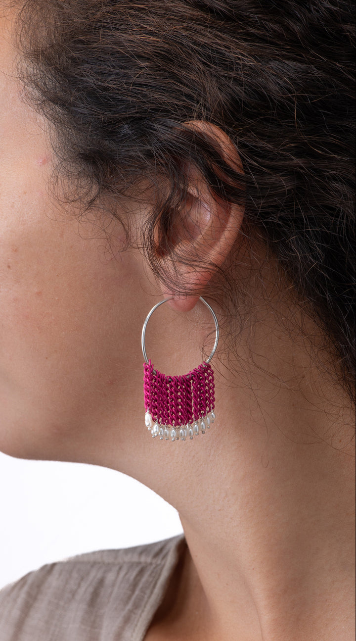 Lieah Hoop Silver Earrings with Freshwater Pearls | Hot Pink