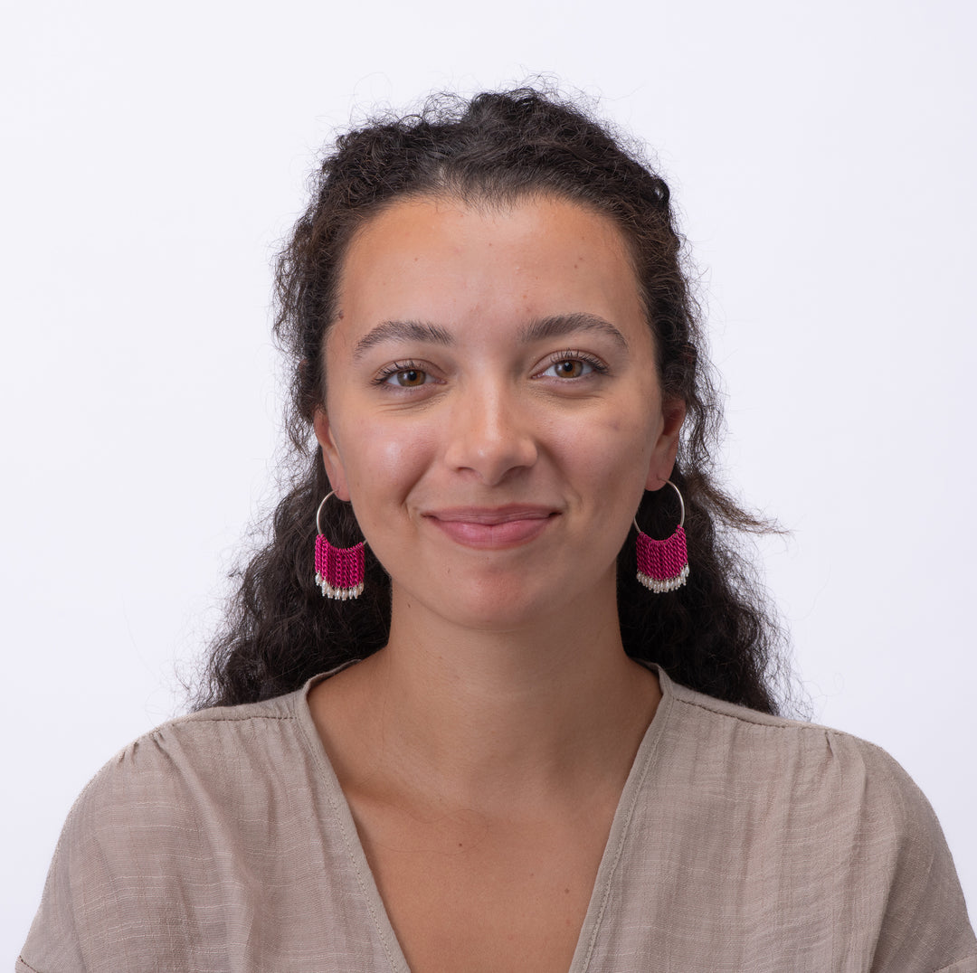 Lieah Hoop Silver Earrings with Freshwater Pearls | Hot Pink