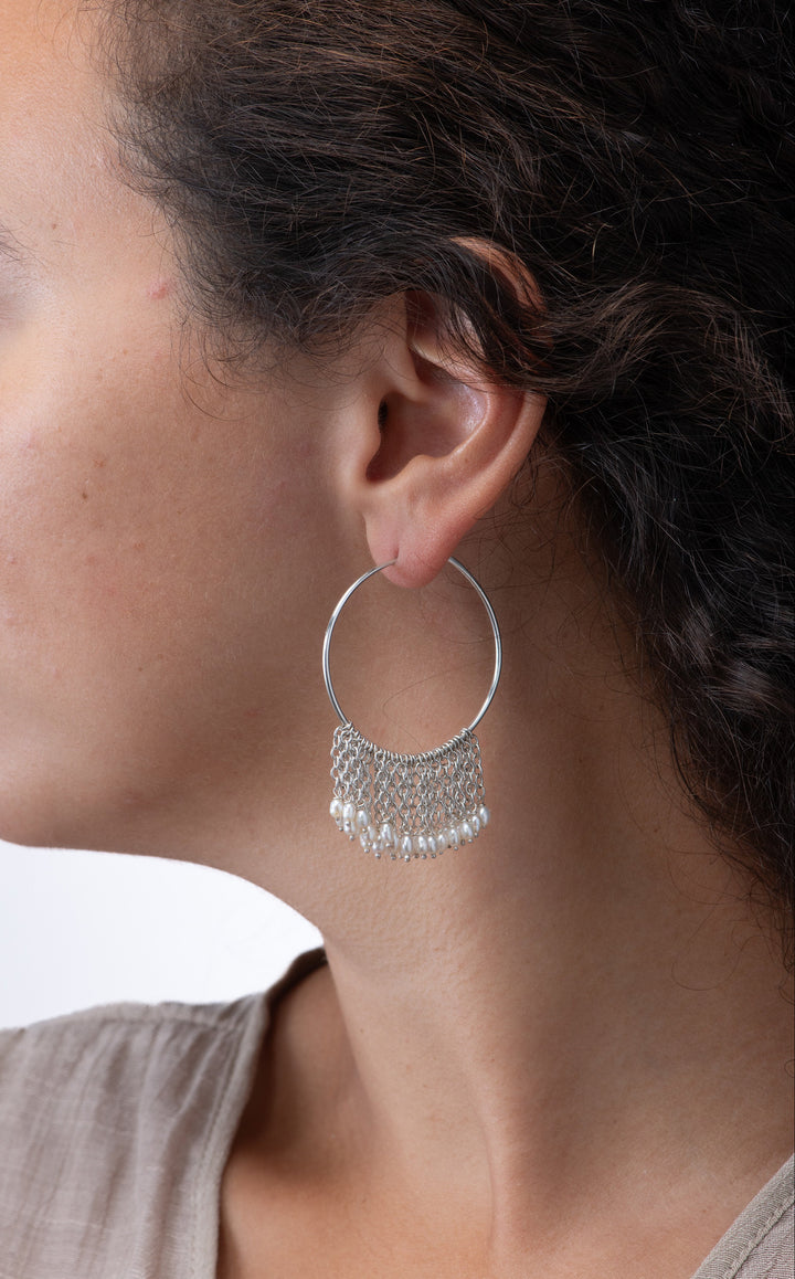 Lieah Hoop Silver Earrings with Freshwater Pearls