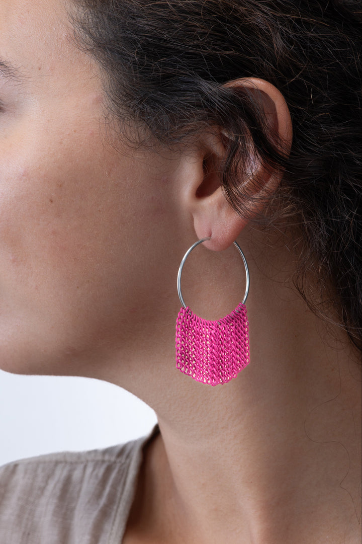 Lieah Hoop Silver Earrings Small | Hot Pink