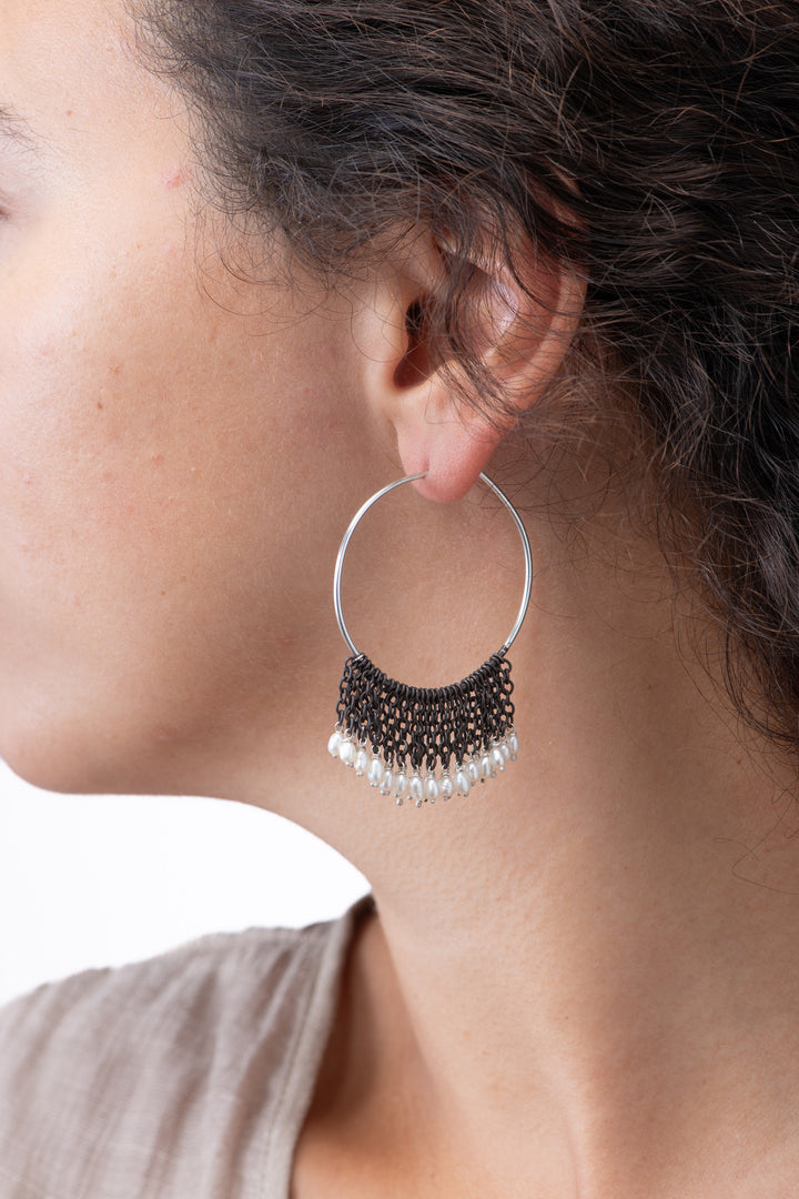 Lieah Hoop Silver Earrings with Freshwater Pearls | Oxidized