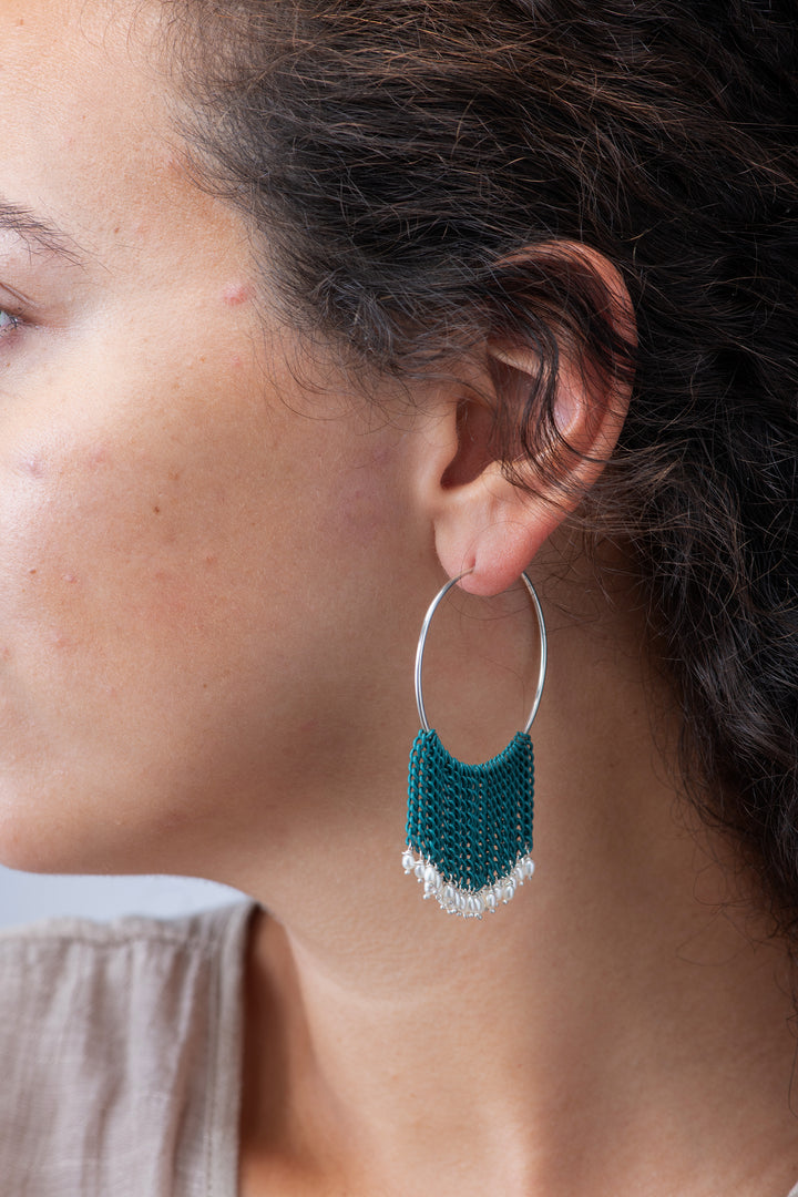 Lieah Hoop Silver Earrings with Freshwater Pearls | Turquoise